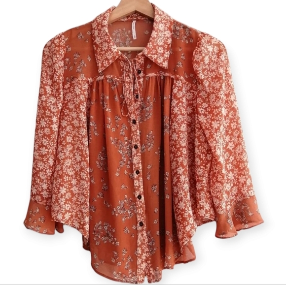 Free People Serena Orange Floral Button Up Semi Sheer Blouse Oversize XS - Picture 13 of 13